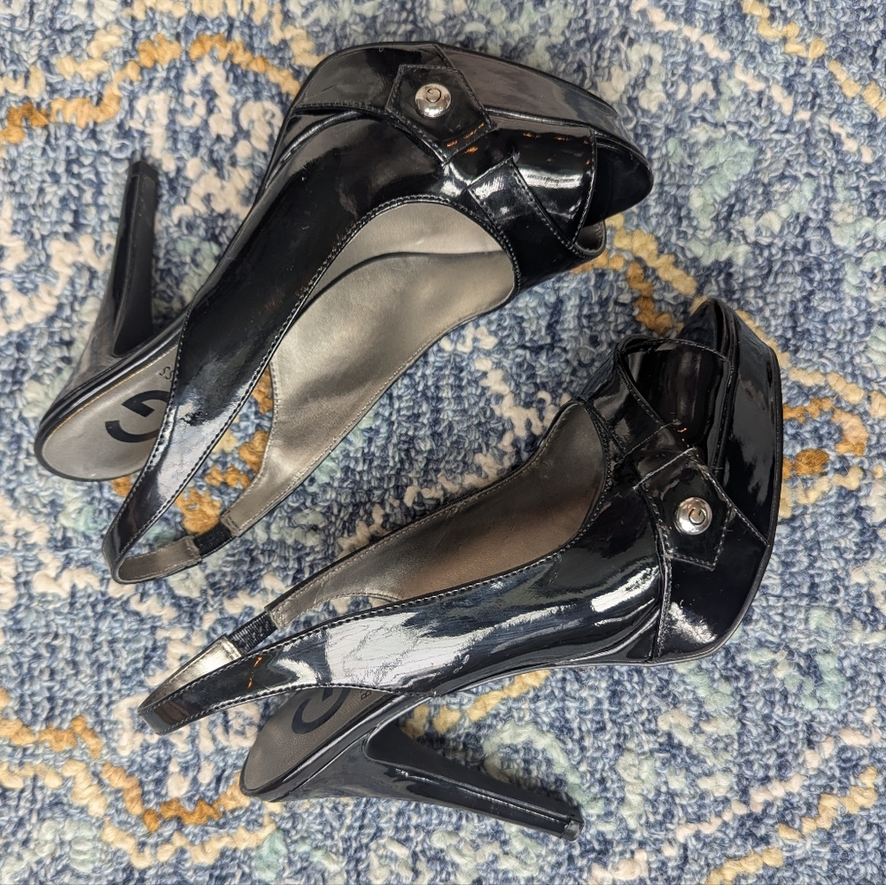G By Guess Black Patent Leather Peep-Toe Heels Size 6.5M - Picture 7 of 7